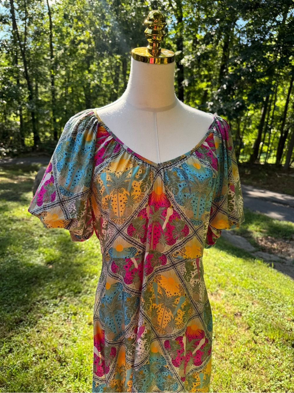LOFT Floral Puff Sleeve V-Neck Swing Midi Dress Size 4 Vacation Resort Cruise - Picture 7 of 17